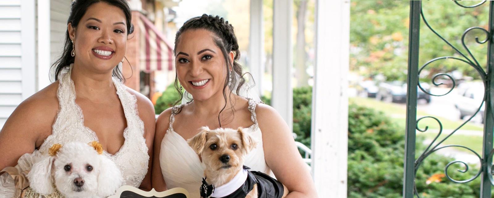 Two Women In Wedding Dresses With Dogs