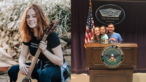 Maya with her guitar on left and her at the pentagon right
