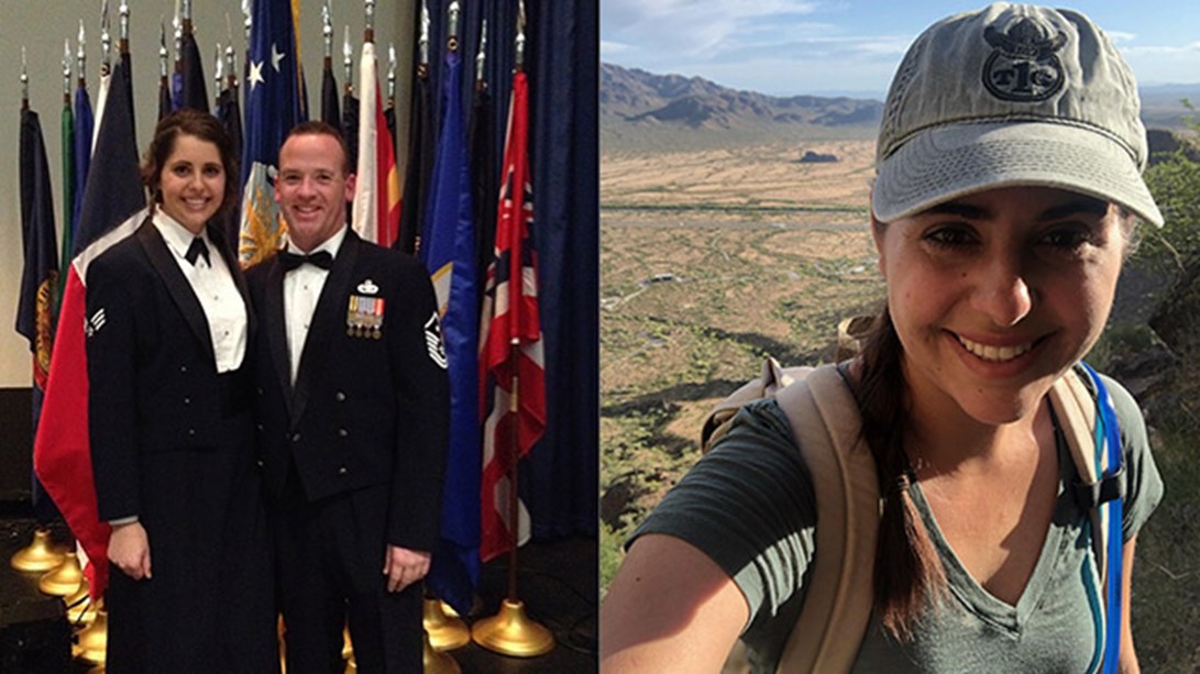 Samantha A. in military uniform left and hiking selfie right